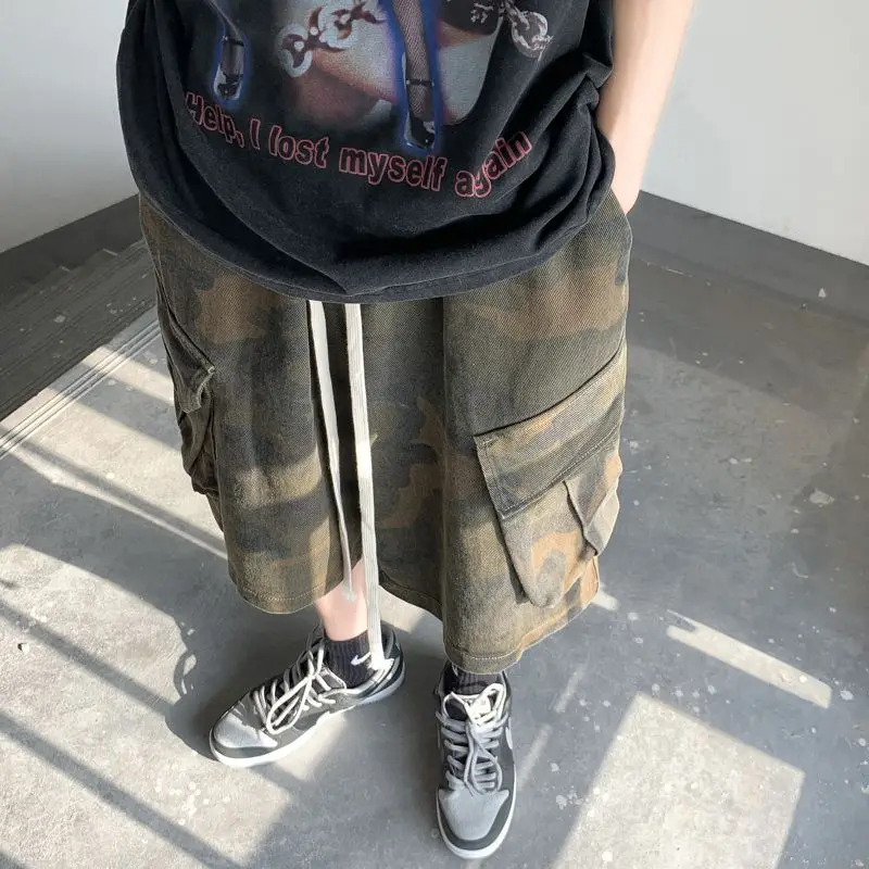 Fashion Camouflage Multiple Pockets Men's Cargo Shorts Classic Waist Drawcord Street Casual Loose Pure Cotton Handsome Short