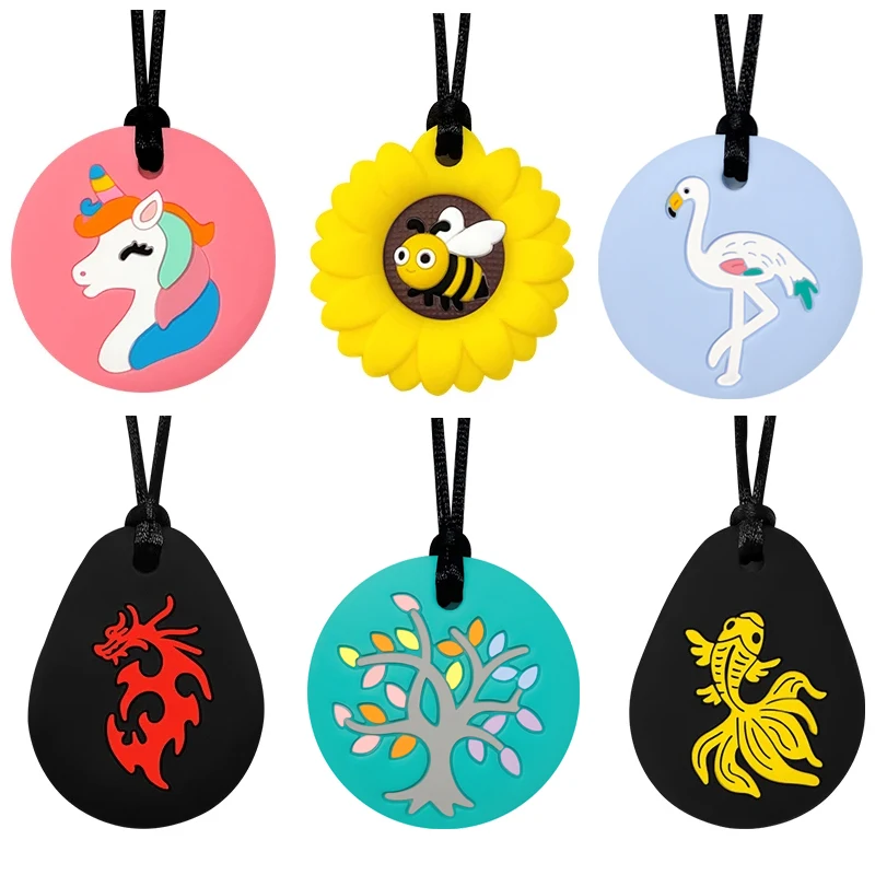 New Silicone Sensory Chew Necklace Chewy Kids Silicone Unicorns, Bees Shape Teether Necklace Toy, for Children with Autism