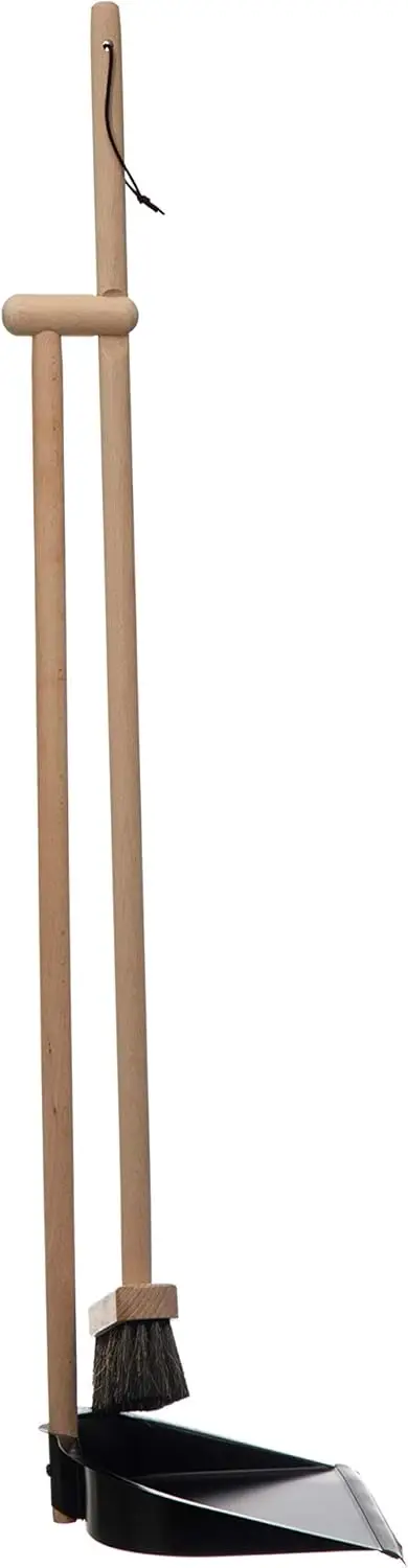 

Natural Beech Wood Broom with Standing Metal Dust Pan in Black, Easy Sweeping for Home Cleaning