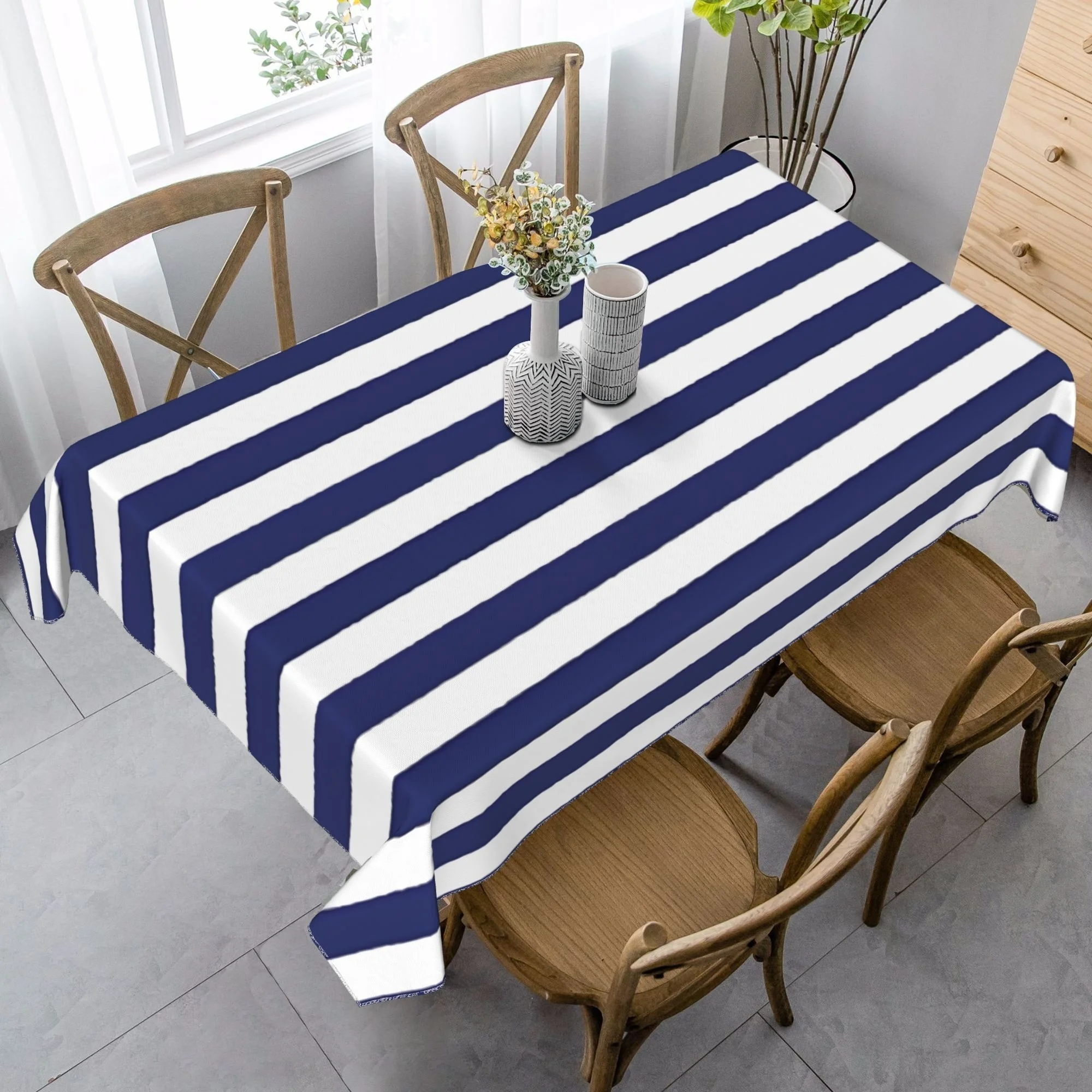 Tablecloth 1 piece - A soft and fashionable navy blue and white striped country-style tablecloth.ZYC
