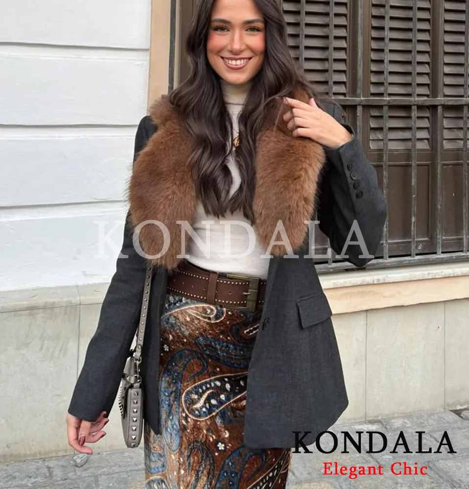 

KONDALA женский элегантный тонкий пиджак с воротником из искусственного меха, тонкий пиджак на пуговицах, весна-осень 2026, модная женская куртка для вечеринки и ужина