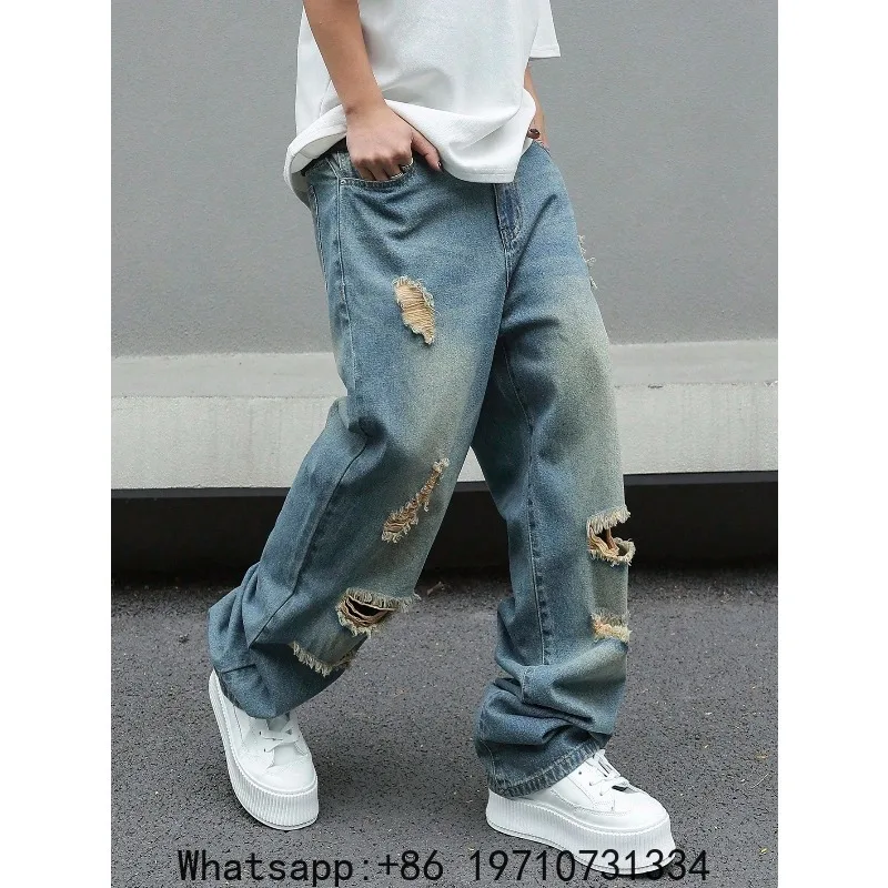 Plus-size American street-style ripped jeans, loose wide-leg fit, men's oversized trendy versatile long pants