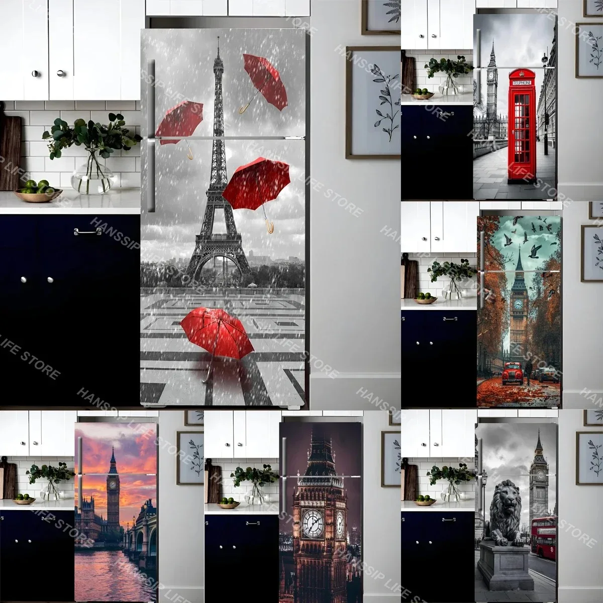 

Retro Big Ben Red Umbrella Kitchen Design Decoration Mural Refrigerator Sticker PVC Waterproof Poster Removable Fridge Sticker