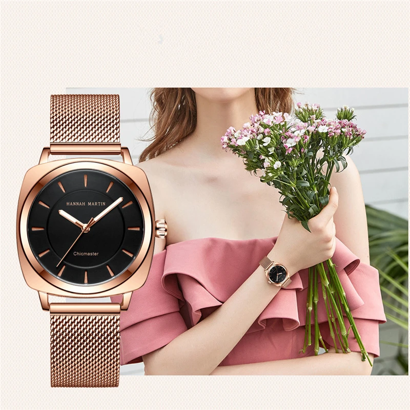 

HANNAH MARTIN Women Watch 36MM Luxury Square Quartz Wristwatches Stainless Steel Band Fashion Waterproof Watch for Women Reloj