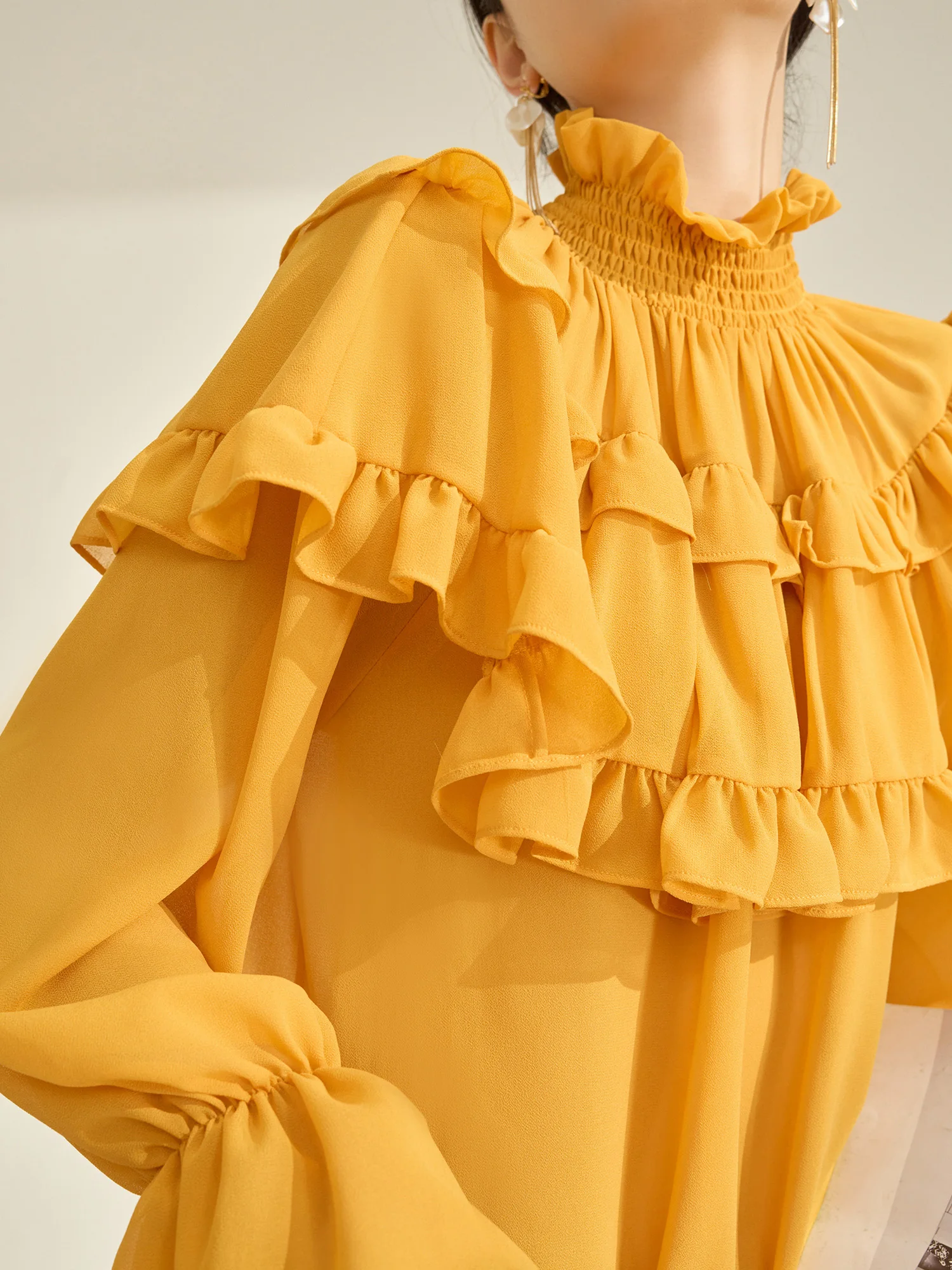 

Ele Yellow Lace Trim irts Women's Chiffon Blouse Spring 2026 New Sle Commute Sle Loose Fit Long Sve Polyester Fiber