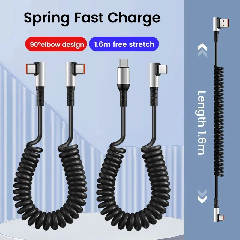6A USB Type C Data Cable 90° Elbow Car USB Spring PD Fast Charging Cable for iPhone 15 Sumsung Xiaomi POCO Huawei Honor LG