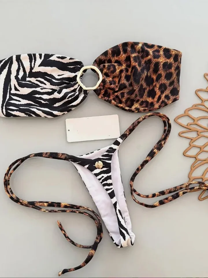 VZVN Leopard Sexy Strapless Bikini 2 Piece Set Women Split Swimsuit Beach Thong Bikinis 2025 New Summer Swimwear Bikinis Set
