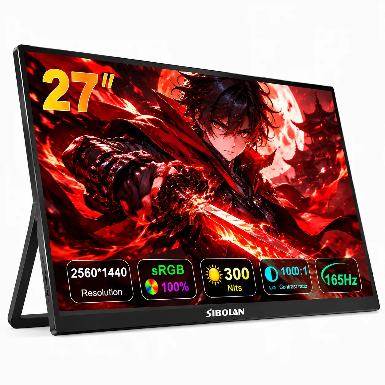 SIBOLAN 27" 2k Large Portable Monitor 165Hz IPS 2560*1440P Gaming External Extension Screen TYPE-C/HDMI VESA for Laptop Mini PC