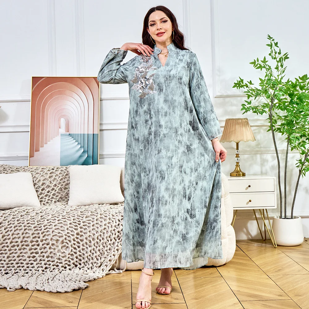 라마단 이슬람 여성 긴 드레스 진주 스팽글 자수 긴 소매 저녁 파티 가운 두바이 Femme 우아한 캐주얼 Vestidos Abaya