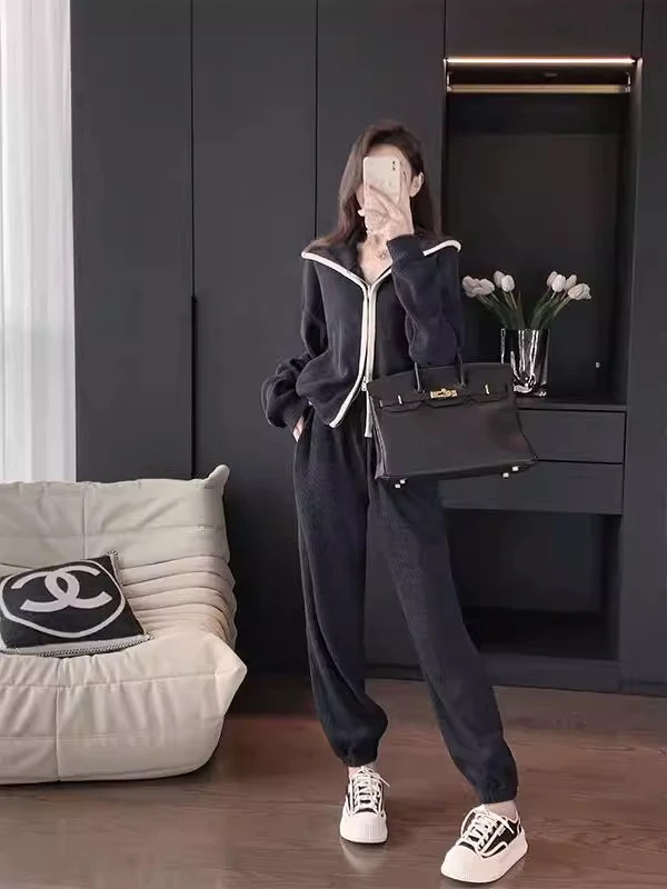 

plus Size Casual Sportswear Set Women's Autumn Winter Loose Slimming Concealing Two Piece Set High Waist Long Pants Hoodie