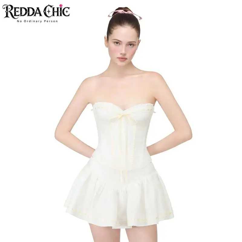 REDDACHiC 2-piece Puff Sleeve Tube Top Skirt Set Women Cutecore Boned Ribbon Strapless Top Jacquard Mini Skirt Party Costume