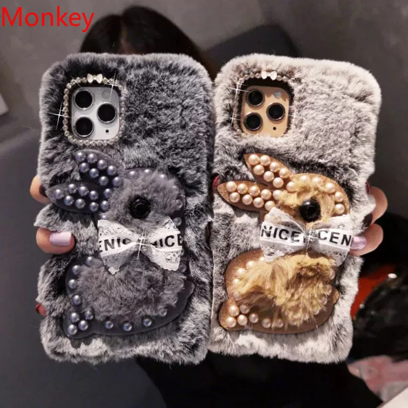 Coque de téléphone de luxe en fourrure moelleuse de diamant et de lapin 3D, étui souple pour iPhone 17 Air 16 15 Plus 14 13 12 11 Pro XS Max XR 16E