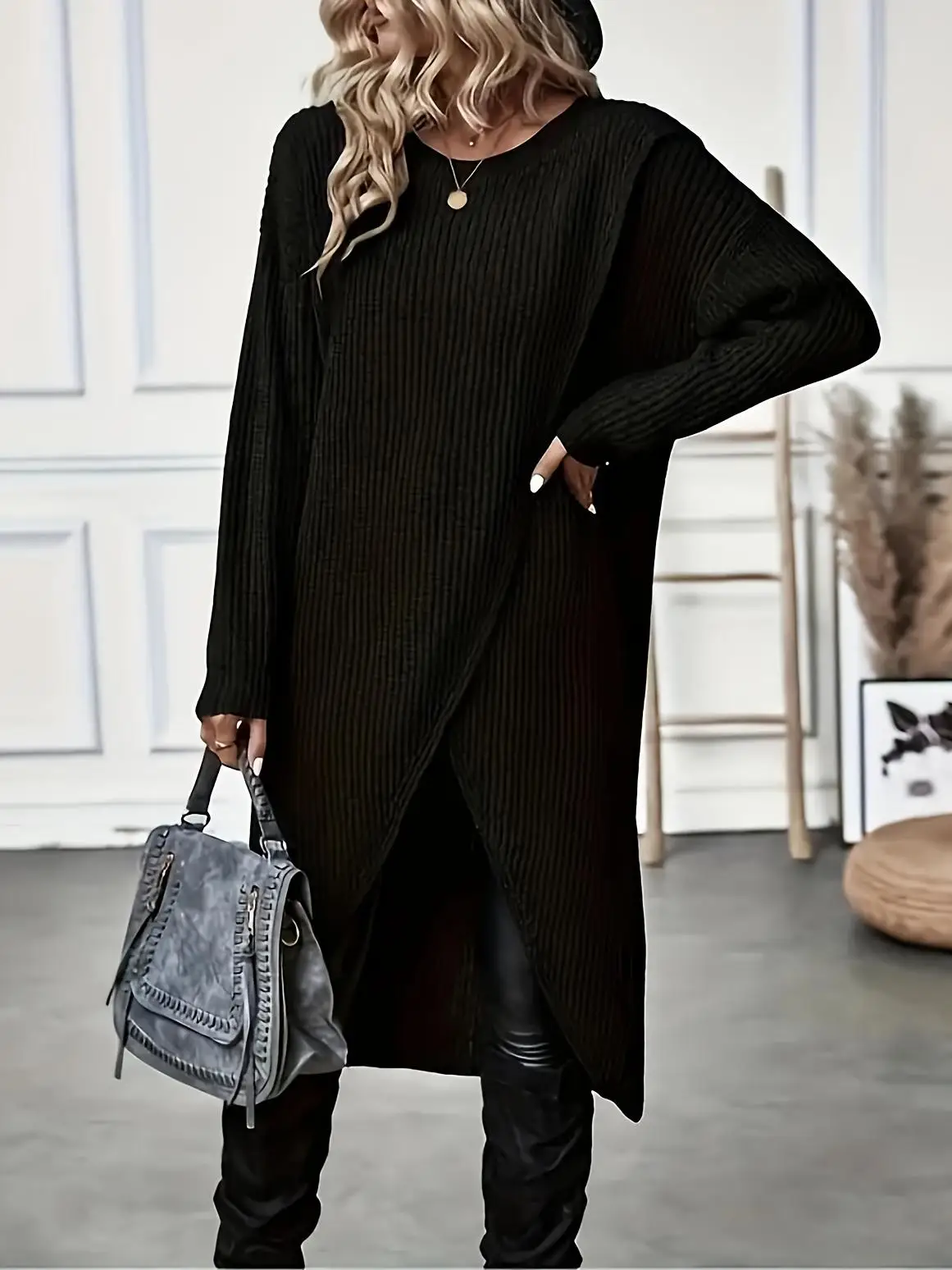 

New Autumn and Winter Sweaters, Fashionable Solid Color Slit Dress, Niche Design, Loose Daily Plus Size Women's Clothing