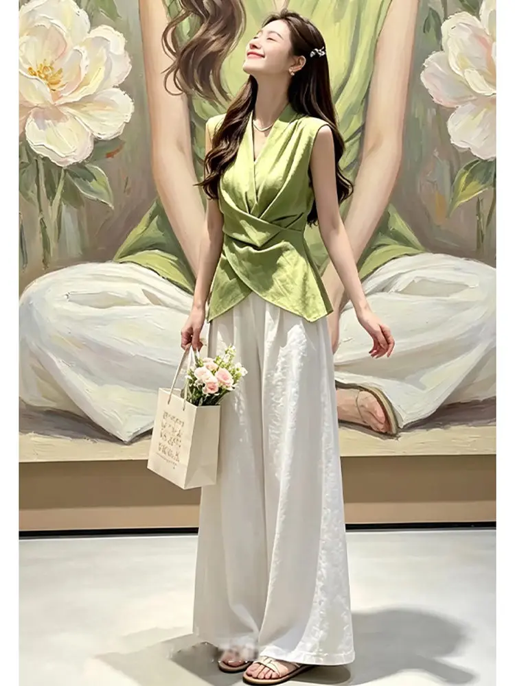 

Elegant Green Cross V-neck Strapless Tank Top Women's Summer Unique Beautiful Outerwear Waist-cinching Sleeveless Top
