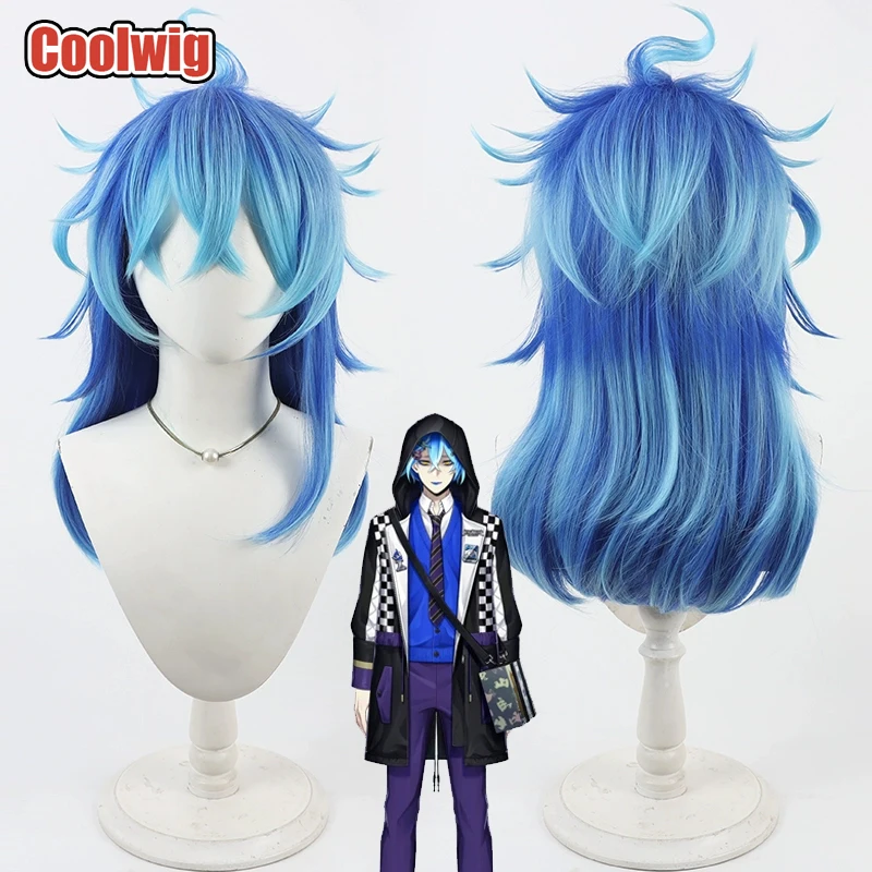 Coolwig Synthetic Hair Idia Shroud Cosplay Wigs Twisted Wonderland Idia Shroud 45cm Long Straight Mixed Blue Wig Heat Resistant