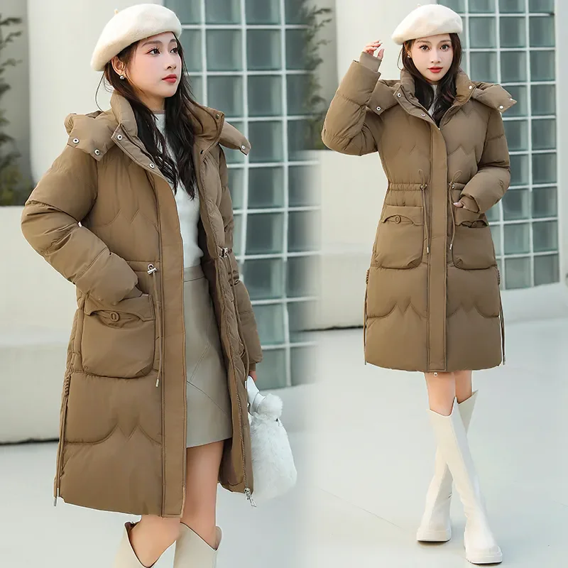 Parka Musim Dingin Tebal Hangat 2025 Mantel Berlapis Kapas Baru dengan Tudung Mantel Wanita Model Panjang Sedang Ramping Modis Mantel Katun Chic