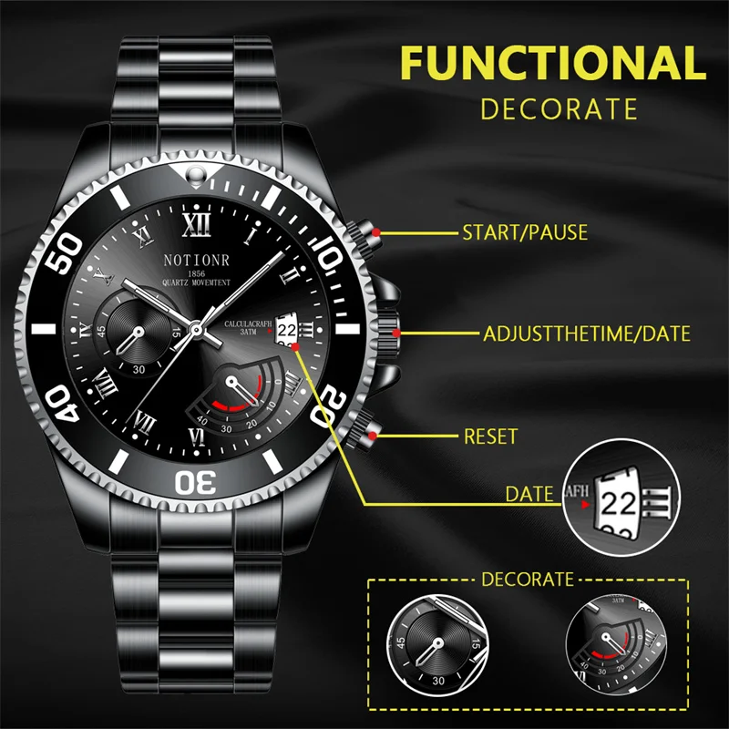 NOTIONR Fashion Mens Watches Men Black Calendar Quartz Wrist Watch Luxury Man Business Stainless Steel Watch reloj hombre