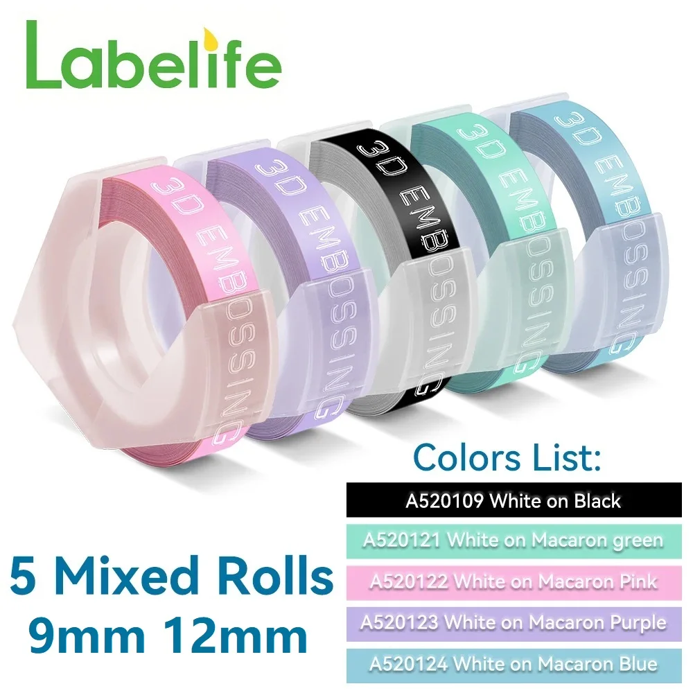 5Pack Mixed Colors 3D Embossing PVC Label Tape 9mm 12mm Compatible for Dymo Manual label makers Label Printers