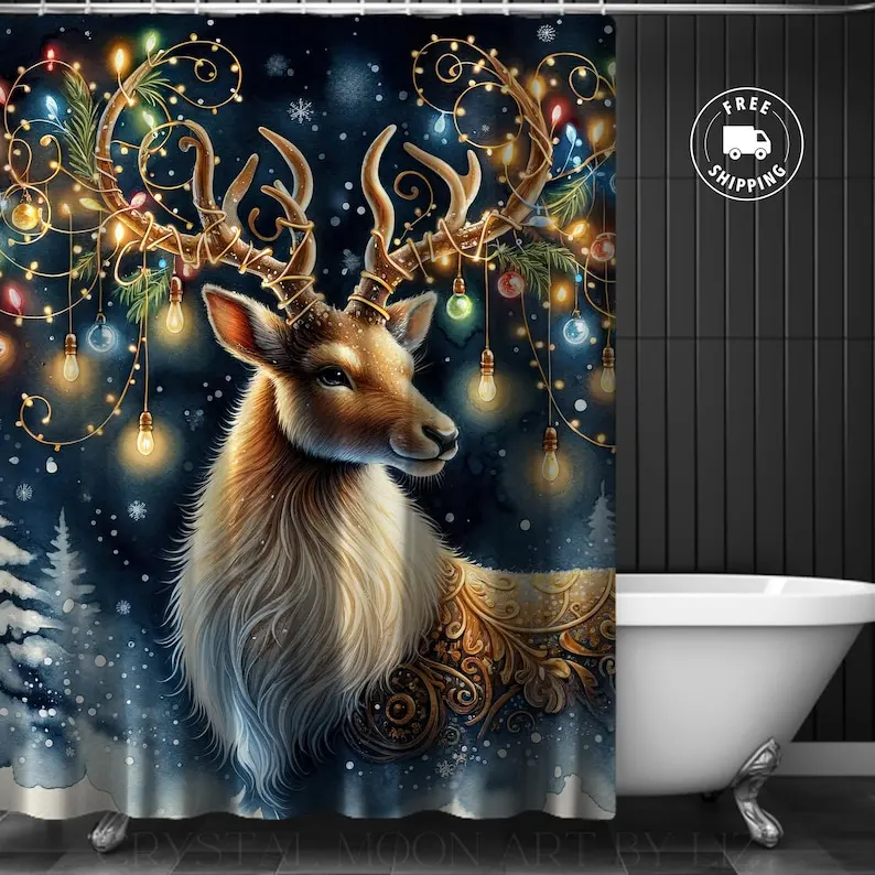 

Personalized Deer Christmas Lights Shower Curtain, Elegant Holiday Bathroom Decor with Winter Festive Home Accessories