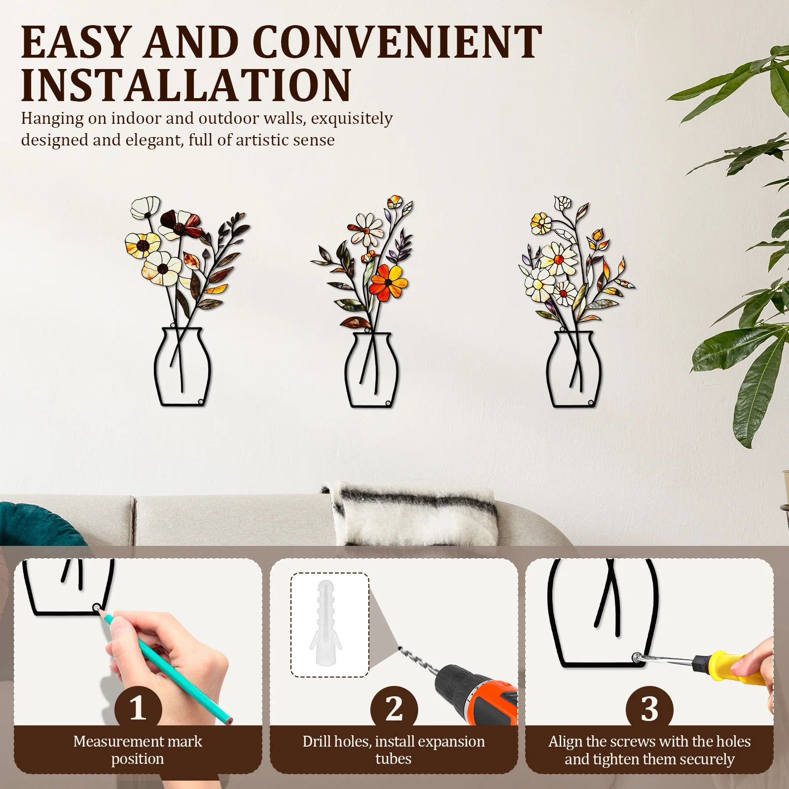 3개 세트 금속 꽃병 벽 장식 - 소박한 농가 스타일 장식 미니멀리스트 꽃 벽 펜던트 거실 침실 집들이 선물