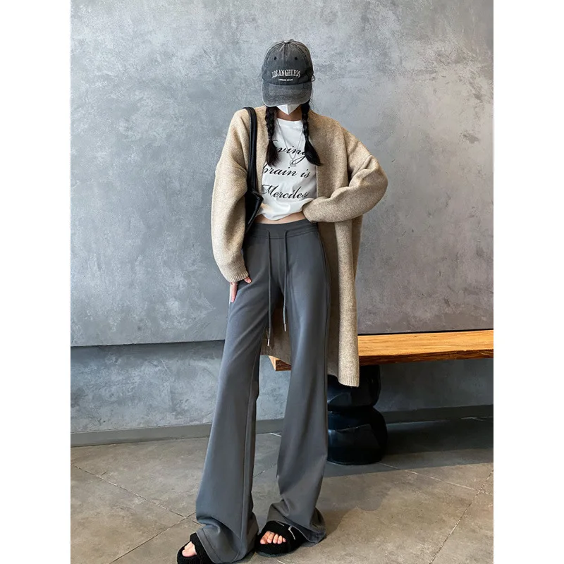 กางเกงขากระบอกทรงบานเอวสูงสีเทาไซส์ใหญ่ สไตล์อเมริกันลำลอง รุ่นใหม่ต้นฤดูใบไม้ผลิ มีเชือกผูก