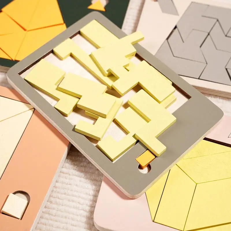 1 Zestaw Zabawek dla Dzieci Drewniane Puzzle Geometryczne Łatwe Niezwykłe Łamigłówki Rozbijające Mózg Dekompresja IQ Tangram Łamigłówki Układanki