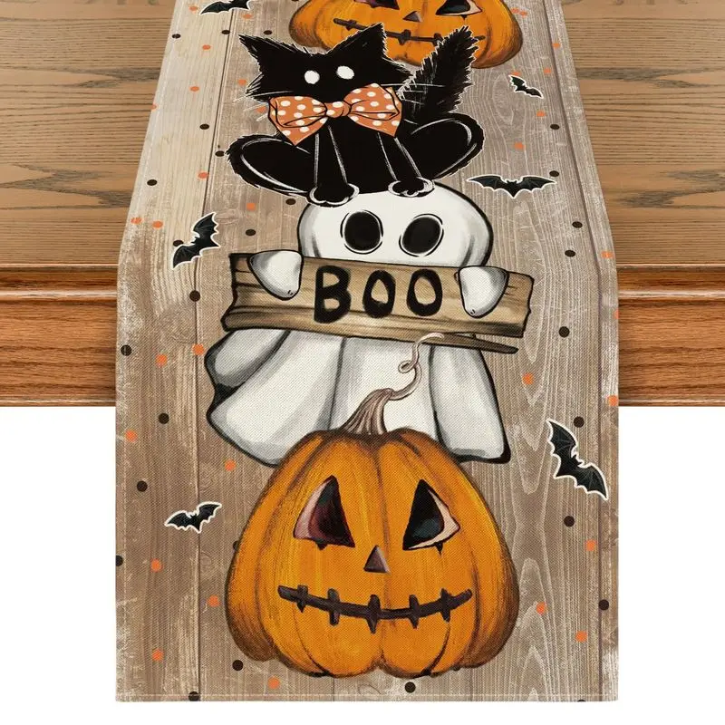 VIKAMA Halloween Table Runner Wooden Texture Black Cat Ghost Pumpkin Bat Boo Table Runner for Dining Table Home Party Deco