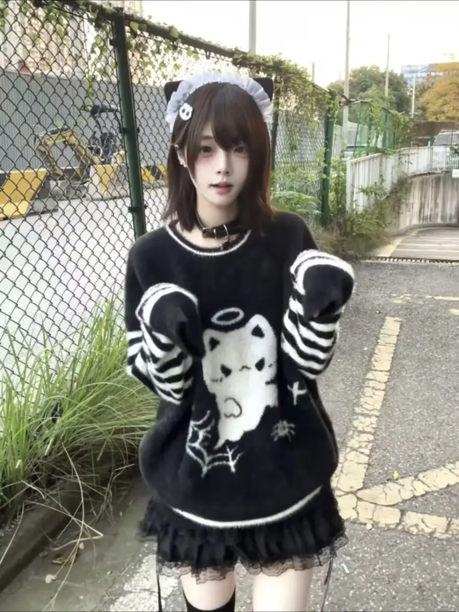 Japanese Subculture Kawaii Pullover Long Sleeve Women Casual Striped Cartoon Pattern Knitted Sweater Autumn Spring Harajuku Tops