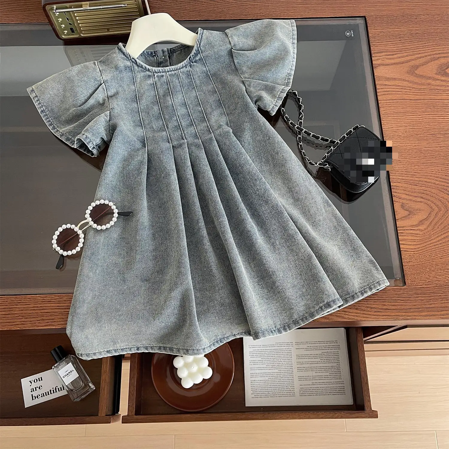 

Summer Washed Soft Denim Dress New Korean Style Girl Girl Little Flying Sleeve Child Dress