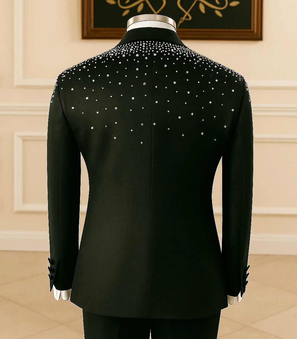 الحديثة الرجال البدلة الخرز شال طوق 2 قطعة السترة السراويل جيب مخصص الأعمال ملابس رسمية للحفلات الزفاف العريس زي