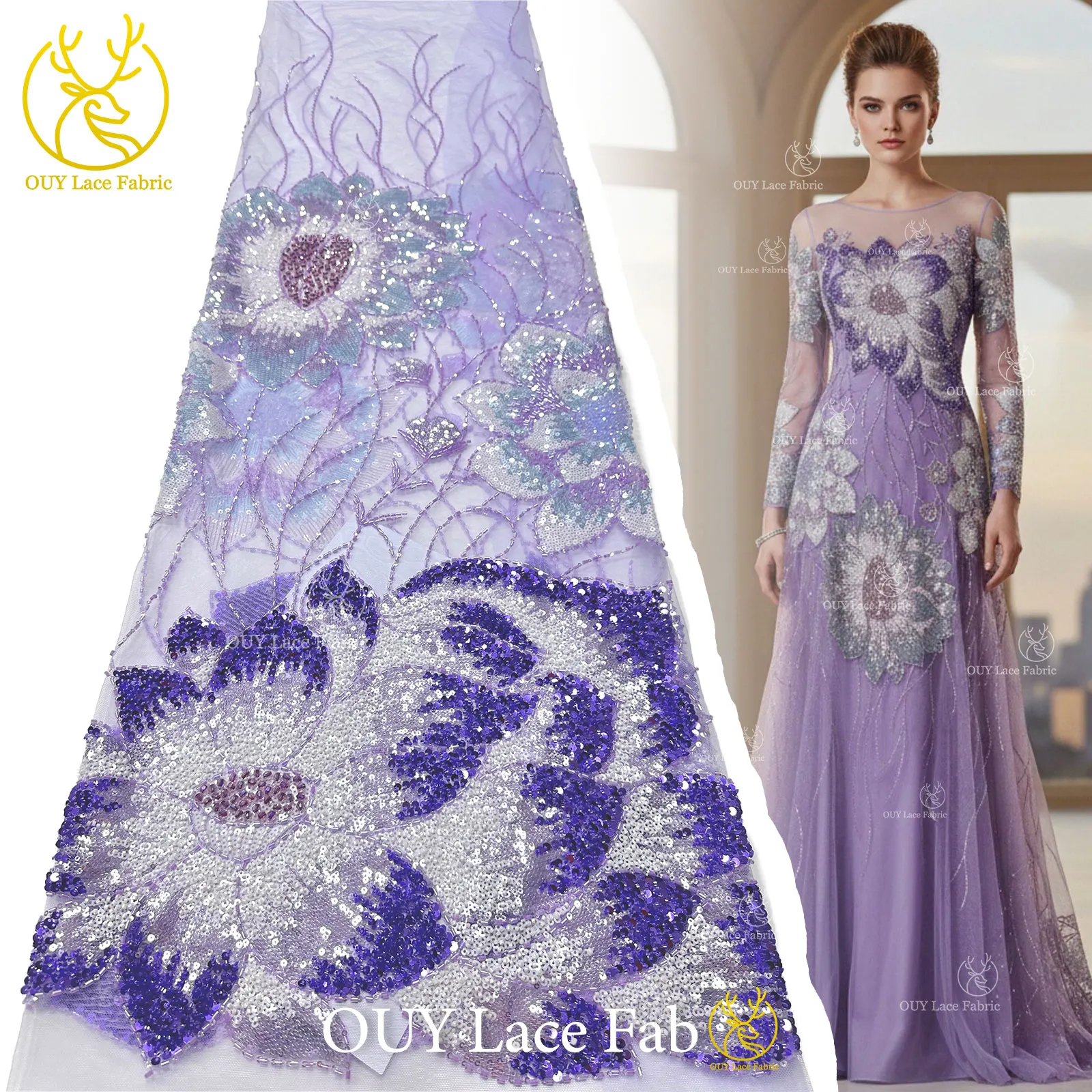 

2026 African Groom Embroidered Beaded Lace Fabric Fashion Design French Sequin Lace Bridal Wedding Dress Sewing Material 5 Yards