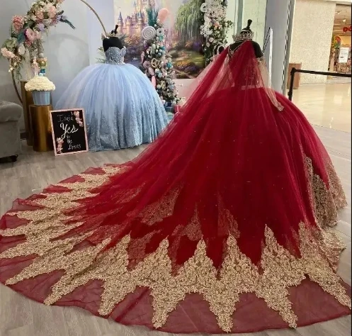 Luxury Red Sweetheart Princess Quinceanera Dress Lace-up  Gold Decals Removable Mopping vestidos de quinceañera Popular Pretty V