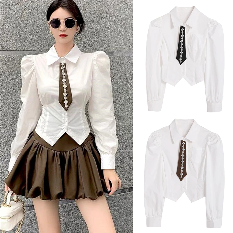 Women's Clothing 2026 Spring Fashion Puff Sleeve Blouses Top Women Chic Hotfix Resin Necktie Short Shirts Women's Shirt SL301