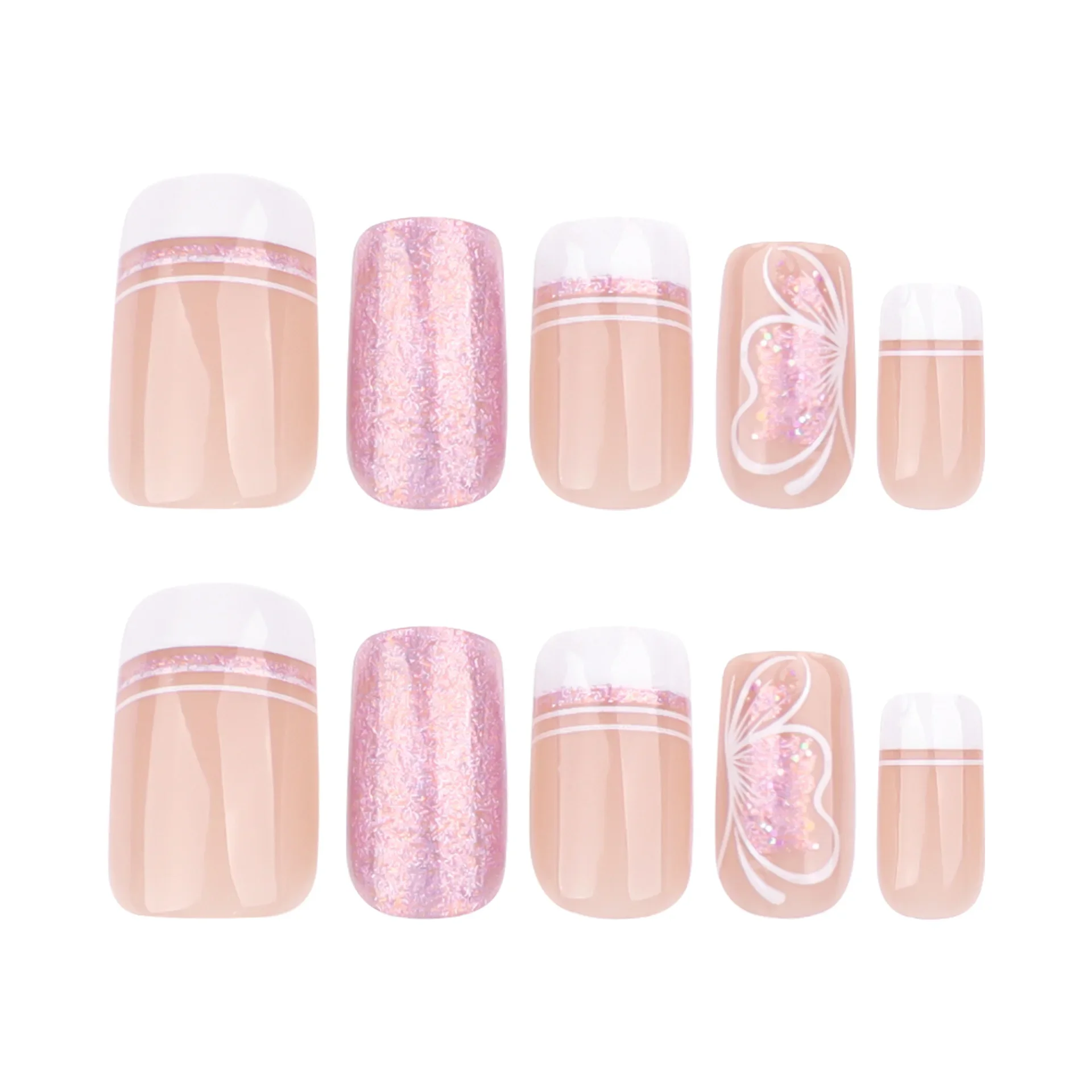 Deicate White Line Butterfly French Glitter Square Nail Art False Nails Detachable Finished Fake Nails Press on Nails with Glue