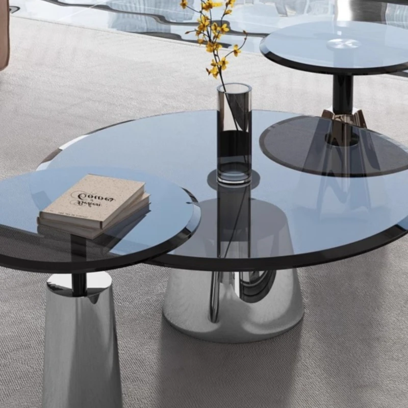 Round tea side table Household small apartment Living room Coffee table Stainless steel Silver white tempered glass Coffee table