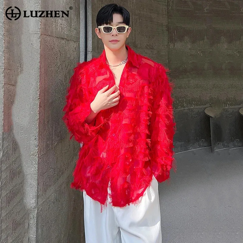 LUZHEN 2024 Autumn Stylish Elegant Solid Color Tassel Burr Design Long Sleeve Shirts Men's High Street Trendy Casual Tops LZ3403