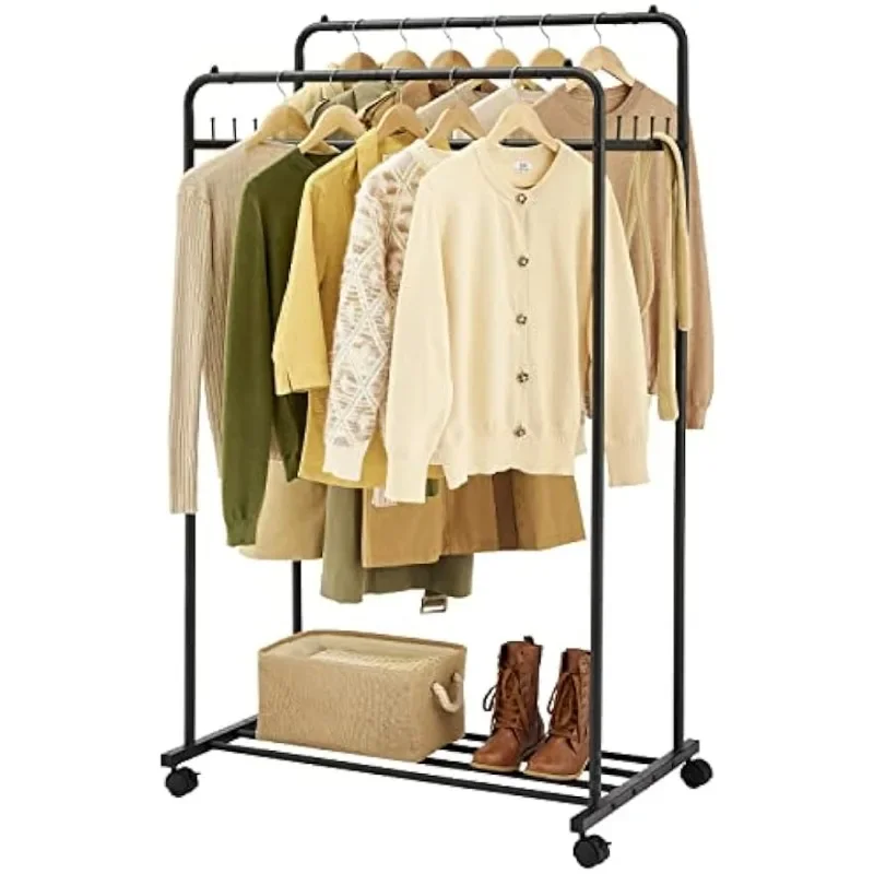 Hoctieon Double Rod Garment Rack,Clothes Rack on Wheels,Portable Clothing Racks for Hanging Clothes,Closet Hanger Rack