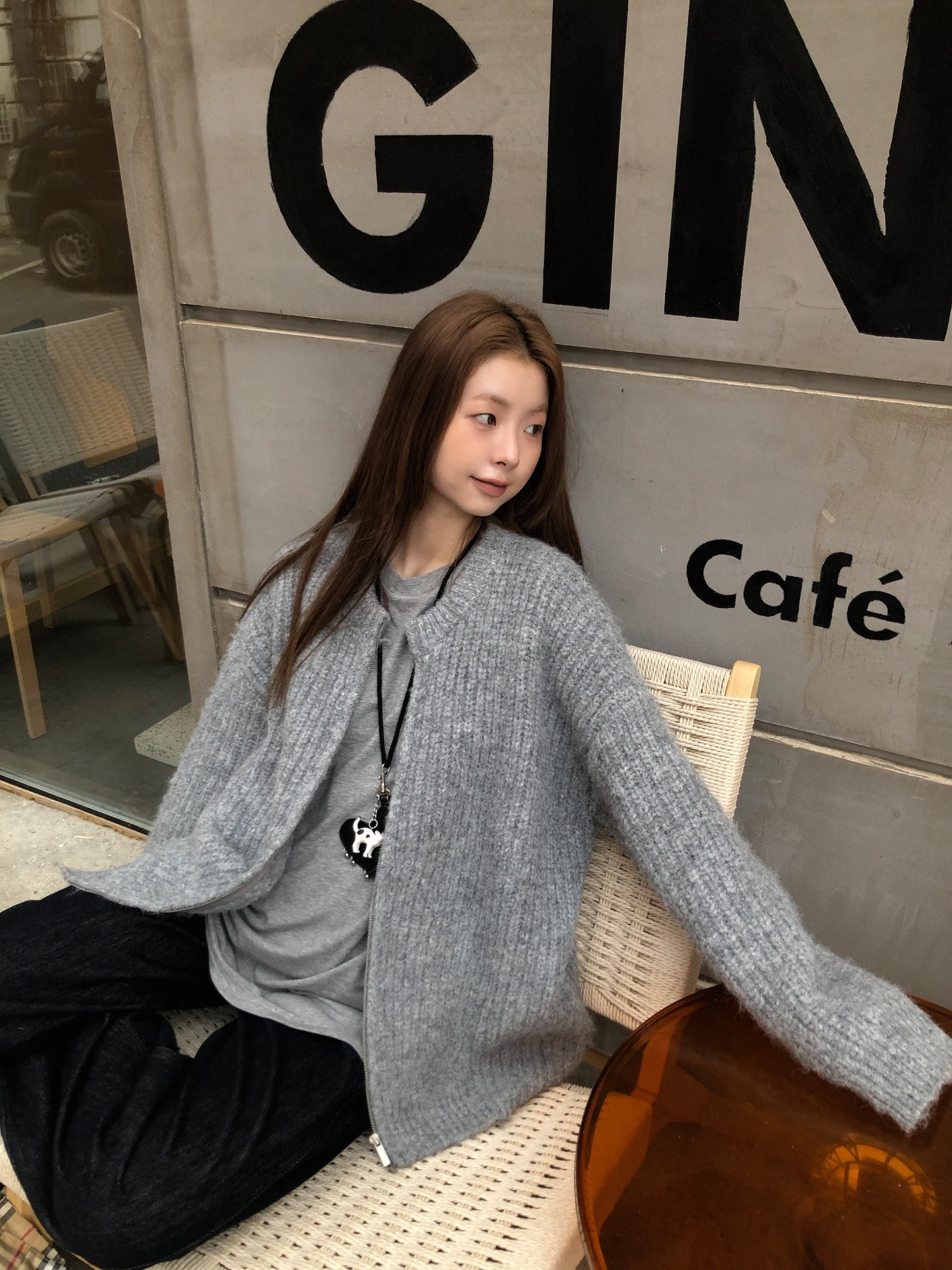 

Ay вязаный открытый кардиган женский осенний корейский ленивый моон верхняя одежда топ све длинная молния прямой крой из смеси шерсти