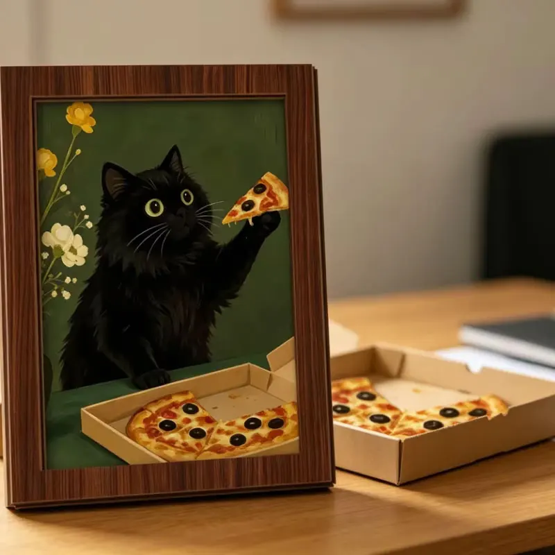 Fun Black Cat Eating Pizza Art Print – Framed Wall Decor for Kitchen, Living Room, or Bedroom – Creative Home Gift