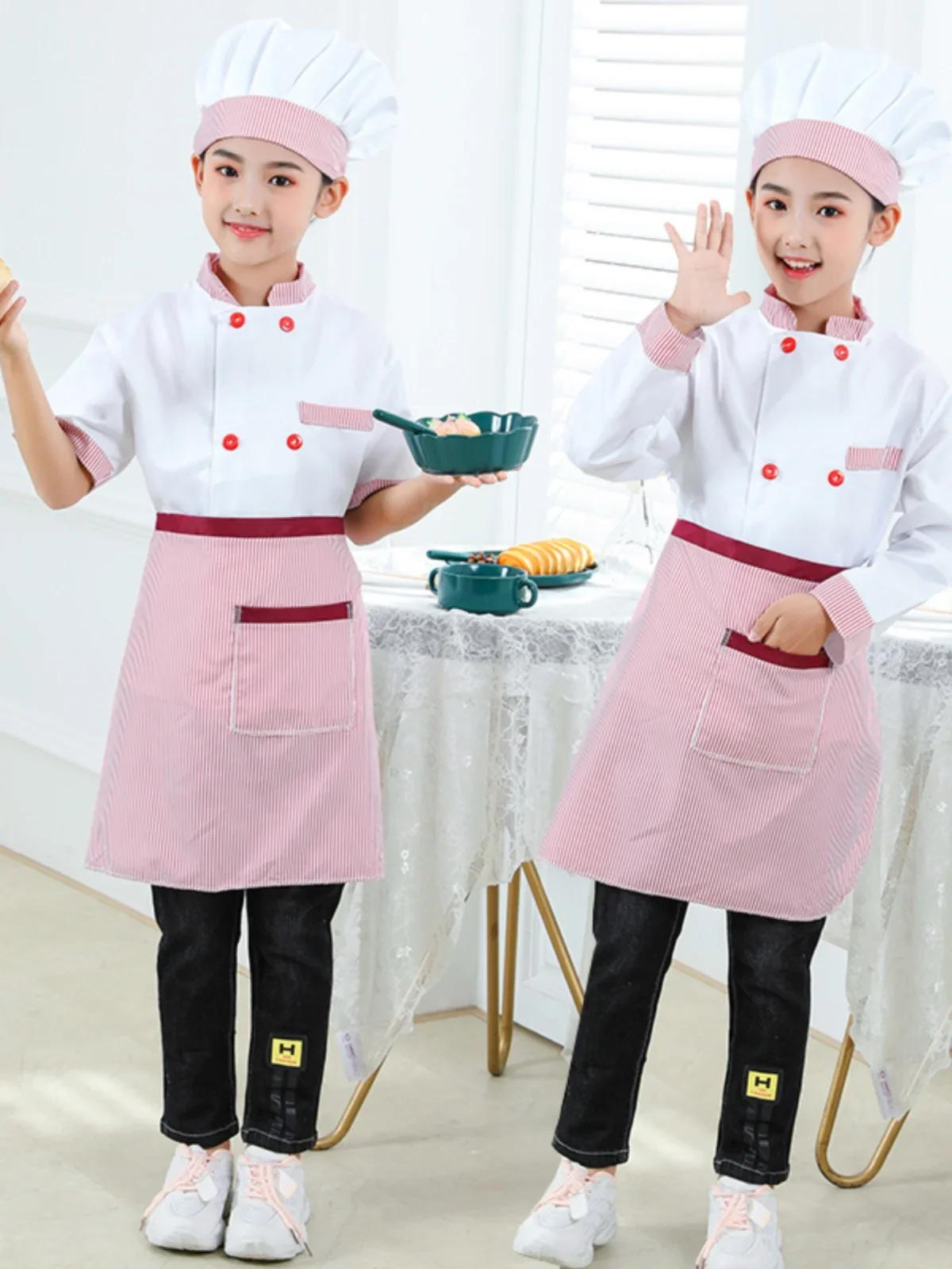 Kids Cook Tshirt Chef Uniform Children Kitchen Hat Cap Work Jackets Restaurant Halloween Performance Stage Party Cosplay Costume