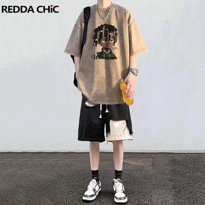 

REDDACHIC Character Print Short Sleeve T-shirt Men Cotton Vintage Wash Loose Fit Casual Overdyed Oversize Tee Top Summer Clothes