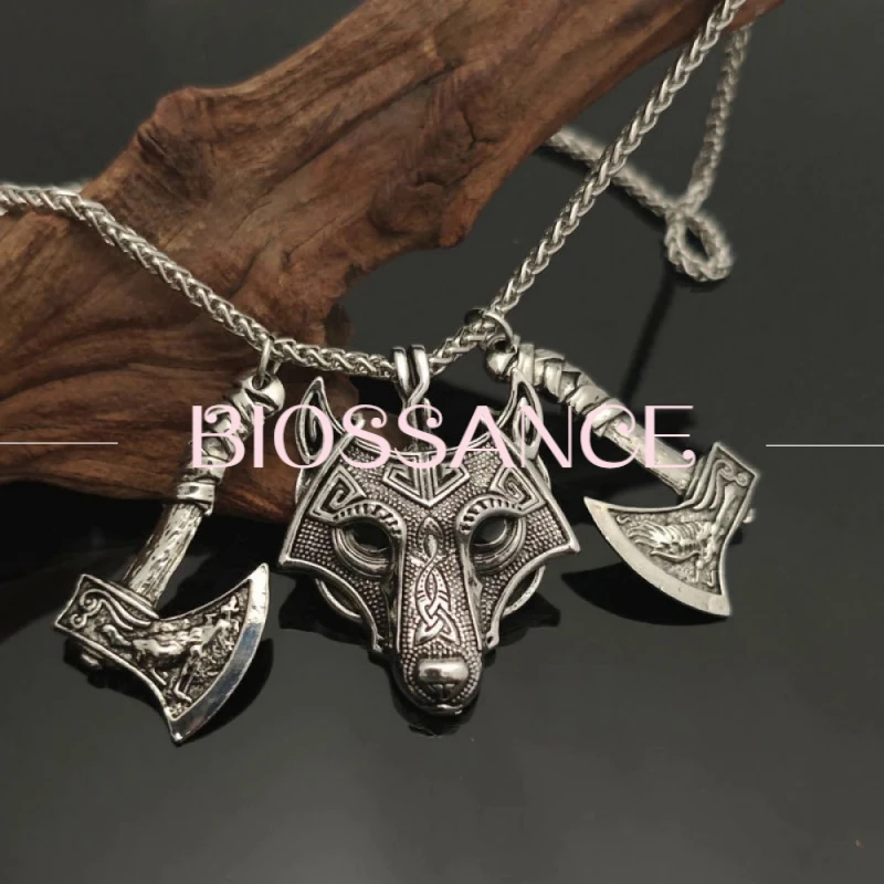 BIOSSANCE New Fashion And Exquisite Retro Nordic Viking Celtic Wolf Head Double Ax Pendant Necklace For Men And Women Jewelry