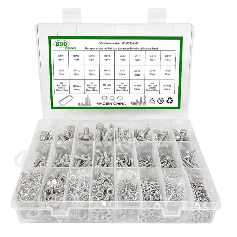652f 890pcs metrische Schraubensortimentset M2M3m4 Edelstahl -Sechskantschalen -Kopfkappenschrauben und Nuss mit flachen