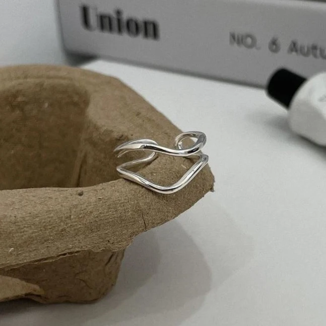 

PONYKISS Silver Plating Hollow Wave Double Layered Line Opening Rings for Women Trendy Fashion Jewelry Geometric Accessories