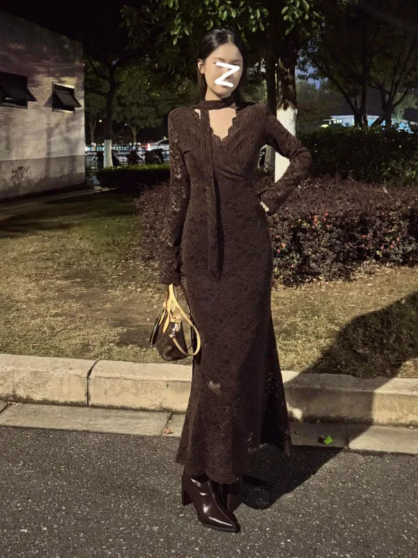 Retro Y2K Crochet Lace Cutout Brown Bodycon Dress French V-neck Long-sleeve Pencil Mermaid Hem Dress Party Prom Vestidos Robe