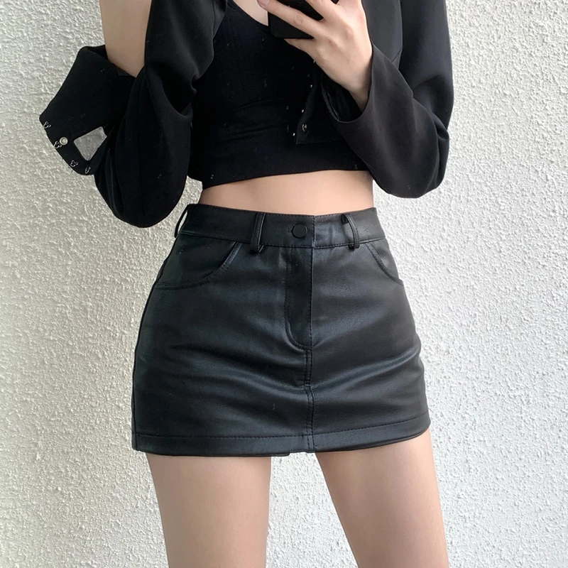 PU Leather Short Skirt Women Vintage Streetwear Female Black Sexy Split Slim High Waisted A-line Mini Skirts