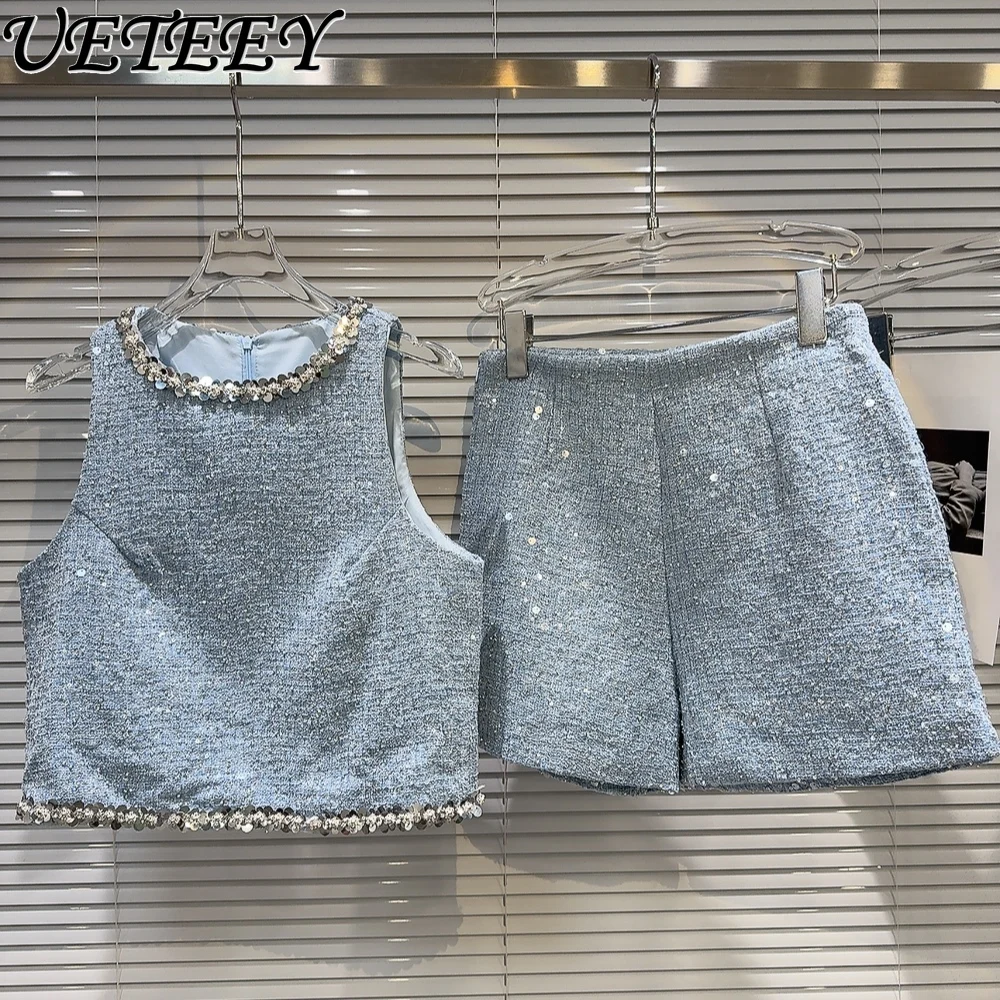 Summer New Elegance Outfits Outerwear Sleeveless Tank Top Silver Sequin Bead Vest and Tweed Shorts Suit Women's Two Piece Sets