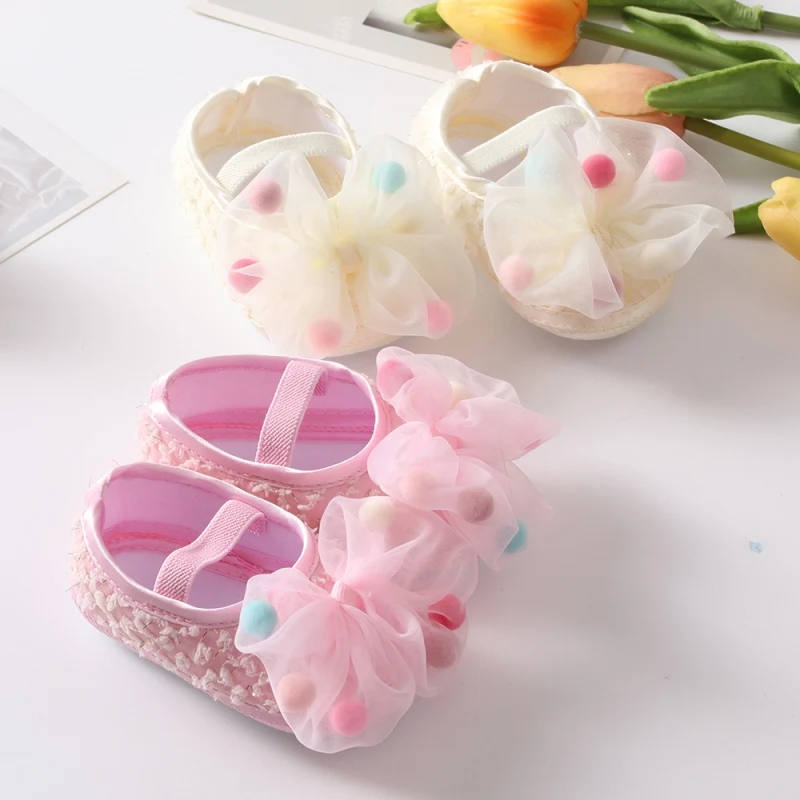 Infant Baby Girl Shoes Newborn Cute Bow Flowers Headband Anti-Slip Soft Sole First Walkers Toddler Cotton Baptism Shoes