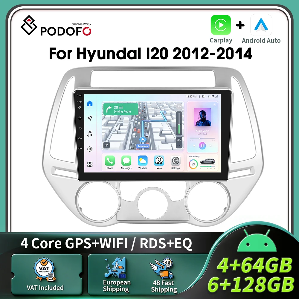 Podofo CarPlay Android Radio für Hyundai I20 2012-2014 Intelligentes Autosystem 2 Din GPS Auto-Multimedia-Player BT FM