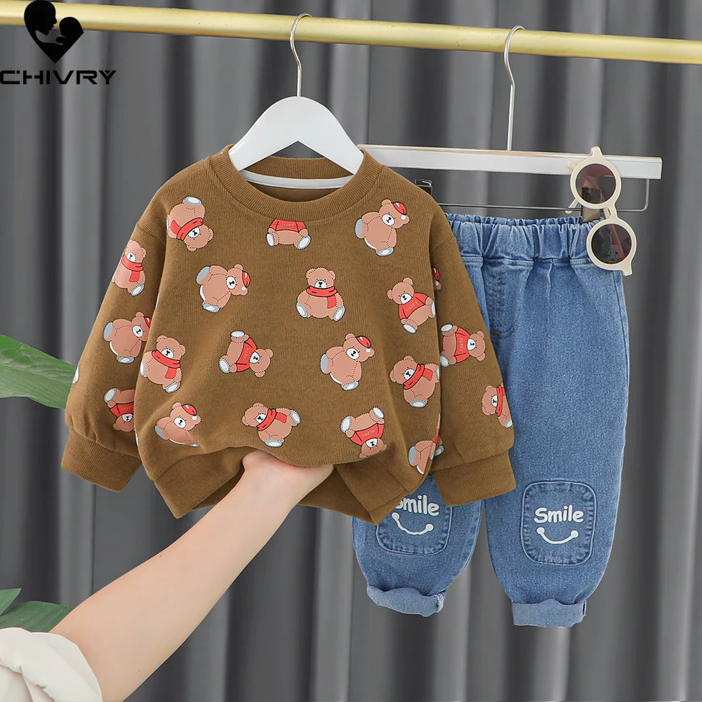 

New 2023 Kids Baby Spring Autumn Cute Cartoon Bear O-neck Sweatshirt Tops with Denim Pants Boys Girls Fashion Clothing Sets